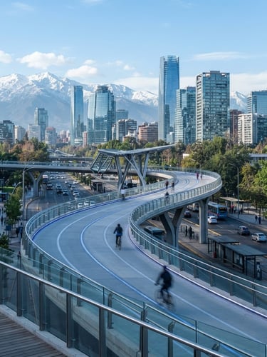 Crisp daylight architectural shot of modern urban infrastructure in Santiago, smart mobility lanes, clean composition, cool blue tones.