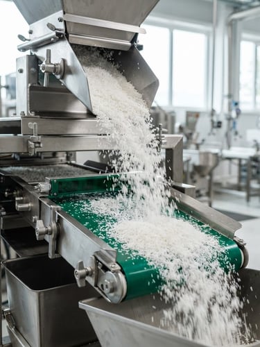 A vertical portrait of high-grade desiccated coconut flowing through a modern stainless steel sorting machine, bright natural daylight, crisp white and deep green tones, 50mm lens.
