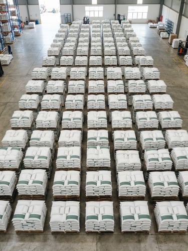 Geometric overhead shot of neatly stacked export-ready pallets of desiccated coconut in a bright, modern Indonesian shipping facility, clean industrial photography, natural daylight, crisp white and deep green tones, sharp macro detail, 50mm lens