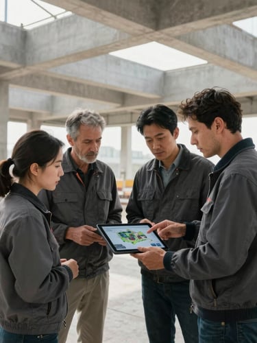 Grupo de engenheiros e arquitetos (3-4 pessoas) em um canteiro de obras limpo, um deles apontando para um tablet com um modelo 3D, os outros observando. Foco na colaboração profissional, luz natural clara, tons de concreto e cinza.
