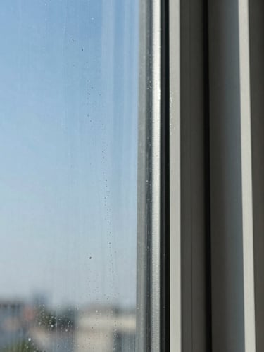 Close-up of water shearing off a perfectly clean window pane in bright morning sunlight, high-contrast detail, crisp commercial photography