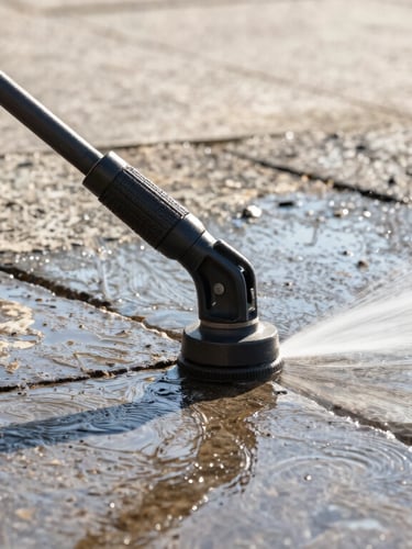 Close-up action shot of a high-precision pressure washer carving a crisp clean line through weathered stone walkway, bright direct morning sunlight, water spraying cleanly.
