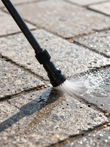 Close-up of a high-precision pressure washer leaving a sharp clean line on weathered stone paving, water droplets sparkling in direct morning sunlight, high-contrast detail, 35mm lens