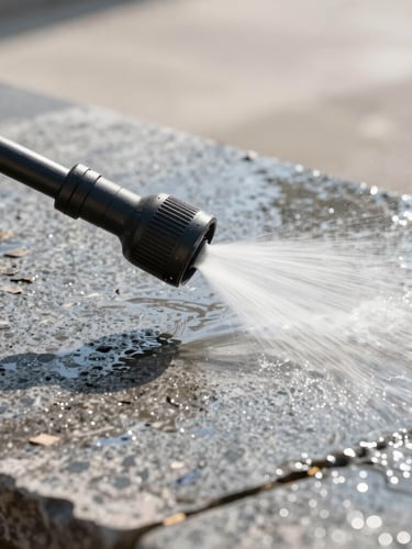 A sharp close-up action shot of a pressure washer nozzle leaving a clean, high-contrast line on weathered gray stone, bright morning sunlight, water spraying, crisp focus.