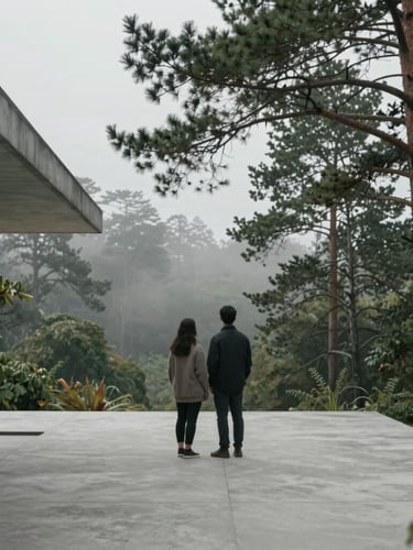 Cinematic wide-angle shot of a couple standing on a concrete minimalist terrace overlooking a misty pine forest, overcast natural light, architectural framing on the left.