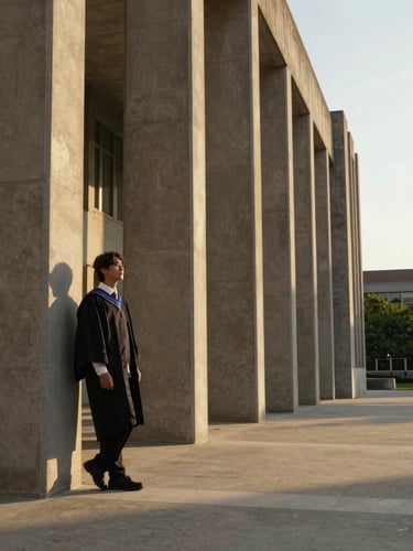 Cinematic wide-angle shot of a graduate standing near brutalist concrete university columns at golden hour, long shadows, warm directional light, negative space on the right