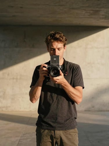 A portrait of a photographer holding a medium format film camera, standing in a minimalist concrete pavilion with strong geometric shadows and warm golden hour light casting across the frame.