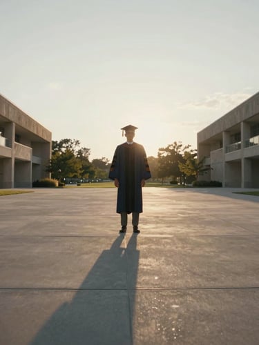 Cinematic wide-angle shot of a graduate standing on a concrete campus plaza at golden hour, long shadows, architectural concrete lines, overcast soft light, unposed.