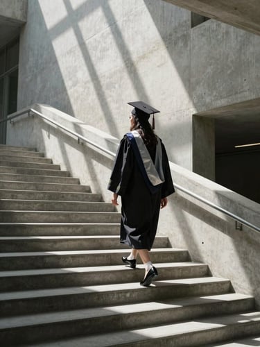 A graduate walking down a brutalist concrete staircase, sunlight filtering through architectural slats, creating graphic geometric shadows, unposed and reflective mood.