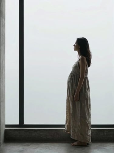 Cinematic medium shot of an expecting mother in a flowing linen dress standing by a massive concrete window frame, directional overcast natural light illuminating her silhouette, minimalist architectural interior.