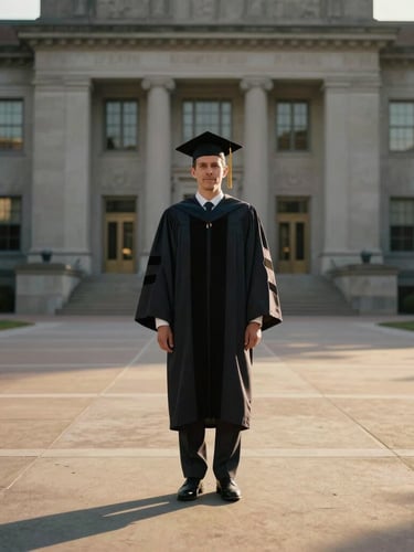 Cinematic portrait of a graduate standing on a grand concrete university plaza at golden hour, long shadows stretching across the ground, historic limestone library in the soft-focus background, warm directional light.