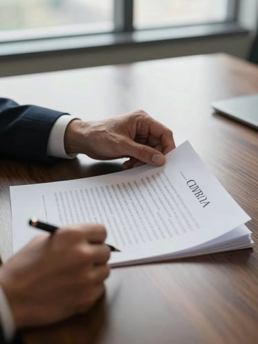 Close-up of a legal professional's hands turning the page of a printed contract on a polished conference table, north-facing window light casting soft shadows, a pen resting at the edge of frame, no faces visible