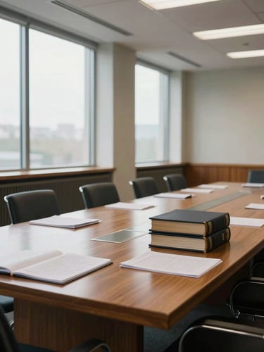 Wide interior of a legal conference room, long oak table with stacked legal briefs and open folders under north-facing daylight through tall windows, empty chairs, no people, architectural calm