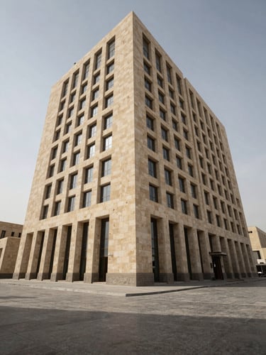 Wide architectural exterior of a Riyadh office building in north-facing daylight, stone facade with geometric proportions, empty foreground pavement, overcast sky above, framed from street level looking slightly upward to the right third of frame