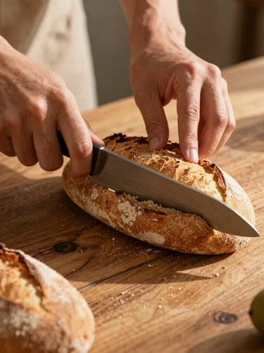 Hands slicing crusty traditional local bread on a rustic wooden table, natural golden-hour light, warm editorial photography