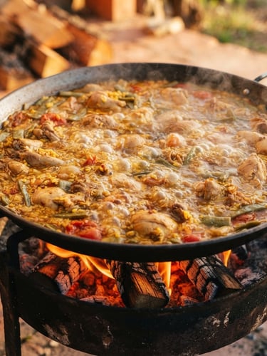 A close-up of a bubbling traditional Valencian paella cooking over an open orange wood fire, charred firewood, natural warm lighting, editorial photography style