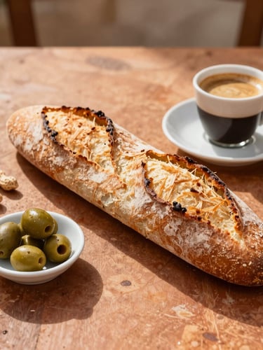 A rustic table set with a traditional Valencian esmorzaret, featuring a large crusty bocadillo, a small dish of peanuts, olives, and a warm glowing cremaet coffee in natural morning light.