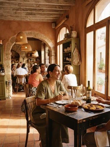 Warm editorial photography of a sun-drenched rustic dining room in Valencia, terracotta walls, wooden tables, natural golden-hour light, 35mm