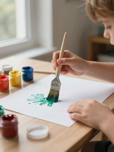 Child's hands painting with a wide brush on white paper at a low art table, bright natural light from a large window to the left, primary-colored paints in small pots visible, focused and unposed, no direct camera gaze