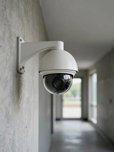 Close-up detail of a dome CCTV camera mounted on a painted concrete corridor wall, corridor stretching out of focus behind it, sharp daylight from an open doorway at corridor end, institutional clarity—safety infrastructure visible