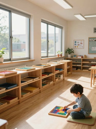 Wide view of a calm Montessori classroom interior, child-height wooden shelves lined with trays and bead materials along the left wall, natural north-facing daylight streaming through large windows, a child seated on a floor mat working with counting beads in the foreground, the room organized and unhurried