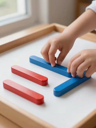 Close-up of child hands placing red and blue Montessori bead bars on a white work mat, natural window light from the left, shallow depth of field, wooden tray visible at the edge of the frame, no faces visible