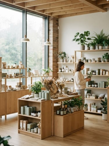 Bright, daylight-filled wide shot of Nova Budz clean retail space interior, light wood shelving, subtle botanical accents, inviting atmosphere, off-center to the right, soft morning light.