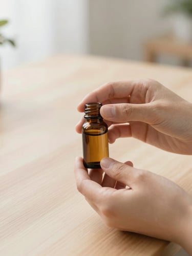 Professional, warm hands gently holding a small amber glass bottle, a clean, light wood desk with botanical elements in the background, soft diffused morning daylight, shallow depth of field.