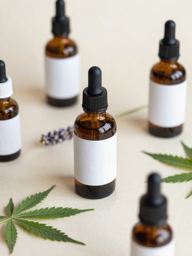 Close-up portrait of several amber glass dropper bottles with clean labels, surrounded by soft green hemp leaves and lavender, minimalist flat-lay, soft diffused morning daylight.