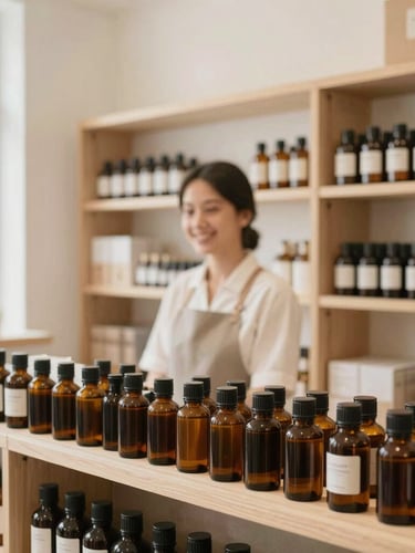 Portrait shot of a bright, clean shop interior with light wood shelving, neatly arranged amber glass bottles, and a friendly, professional staff member subtly blurred in the background, soft diffused morning daylight.