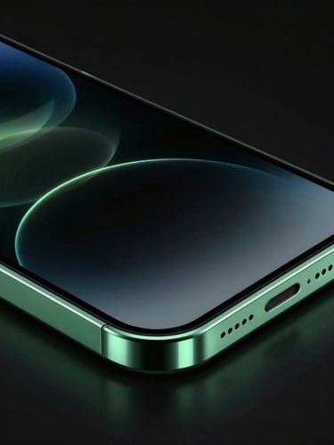 Sleek 3D tech render of a premium glass-and-steel smartphone mockup showing a clean dark-mode interface, sharp macro focus, neon green rim lighting, black background