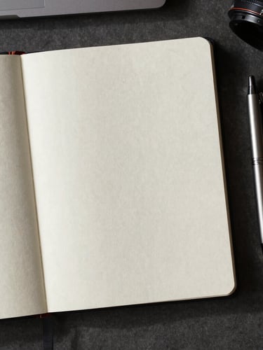 Overhead flat-lay of a structured desk with a clean linen notebook, a single high-quality pen, soft daylight, gentle shadows, and absolutely no people.