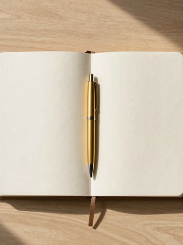 Overhead flat-lay of an open linen notebook and a sleek brass pen on a clean light oak desk, soft morning light casting gentle shadows