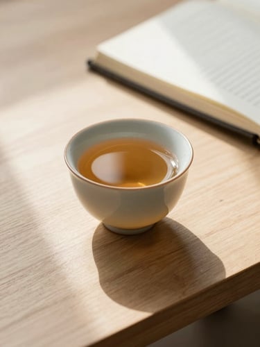 A close-up of a single ceramic cup of tea resting on a clean, light-filled wooden table beside an organized, closed linen notebook, soft morning light casting long gentle shadows.