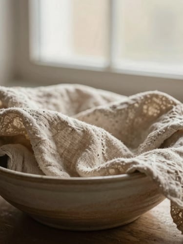 A close-up portrait of natural linen draped over a handmade ceramic bowl, soft morning window light, warm earthy tones, shallow depth of field