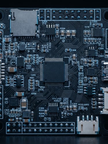 Sharp macro photograph of an autonomous flight controller circuit board, cold blue backlighting, high-contrast dark charcoal tones, hyper-detailed telemetry traces