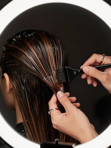 A dramatic close-up of a stylist's hands with rings, precisely applying hair color with a brush, high contrast dark lighting, ring-light reflection.