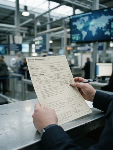 Close-up of a customs declaration form being reviewed, with a blurred background of global trade routes and digital interfaces, cool industrial lighting, sharp focus.