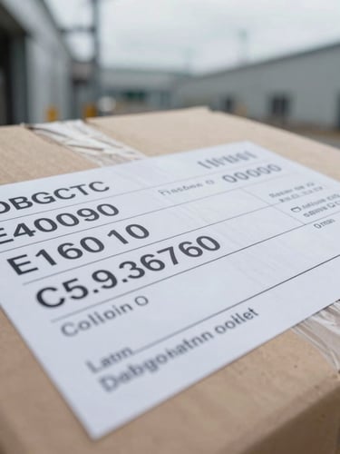 Extreme close-up of a logistics label on a commercial parcel, showing tracking numbers and destination details, cool industrial lighting, sharp focus