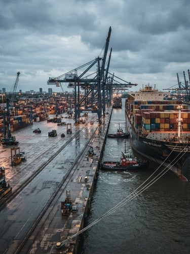 Container ship docking at a vast industrial port at dusk, wide-angle, cool industrial photography, desaturated steel tones, sharp focus, 35mm