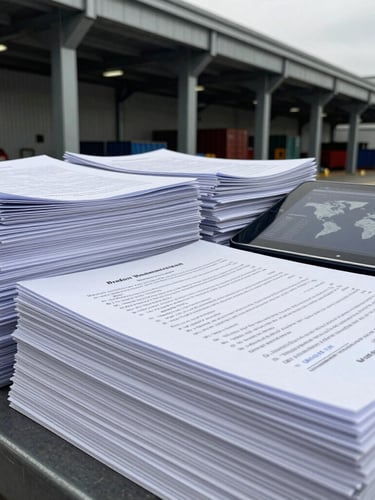 Close-up of a stack of international trade regulation documents and a digital tablet displaying global shipping data, cool industrial lighting, sharp focus.