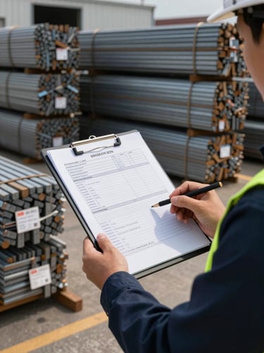 Environmental shot of a site supervisor reviewing a delivery manifest on a clipboard at a loading dock, stacks of tagged steel bundles visible in the background under natural daylight, high contrast, no faces visible — focus on the clipboard and the organised bundles behind