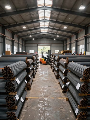 Wide interior of an organized structural steel warehouse, rows of TMT bar bundles stacked floor-to-ceiling under sodium work-lights, a forklift visible mid-aisle, inventory tags on each bundle, natural daylight entering from loading bay doors at the far end