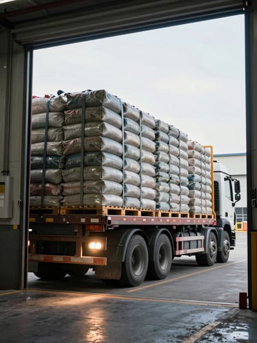 Wide environmental shot of a loaded flatbed truck at a warehouse loading dock, cement bags and material pallets secured under strapping, work-light spilling from the dock bay, natural daylight beyond the entrance, no workers visible, high contrast industrial framing