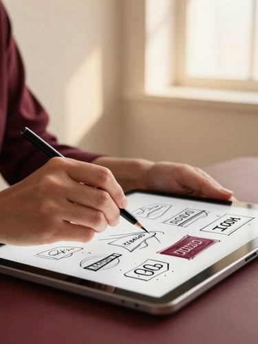 Close-up of a designer's hands sketching brand concepts on a tablet in a minimalist studio. Soft warm lighting, bordeaux color accents, highly professional, 35mm.