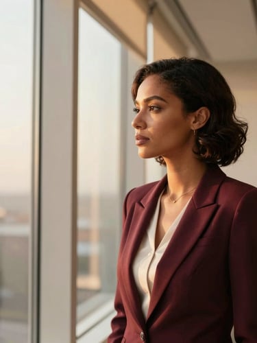 An elegant woman in a modern Luanda office looking thoughtfully out of a large window, soft directional golden-hour light, warm cream tones, high depth of field, editorial style.