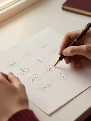 Close-up of a designer's hands sketching brand guidelines on a clean desk, warm natural light, minimal aesthetic, bordeaux tones, high depth of field