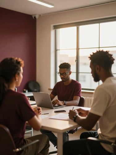 A professional creative team collaborating in a sunlit, modern Luanda studio, warm golden hour window light, rich bordeaux accents, shallow depth of field, 35mm