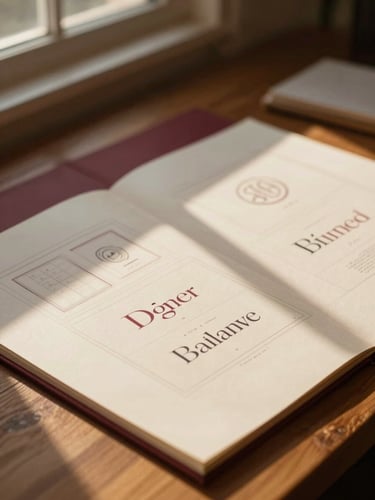 A close-up of a designer sketching brand layouts on a wooden desk, warm golden-hour window light casting soft shadows, rich bordeaux and cream tones, shallow depth of field, 35mm photography.