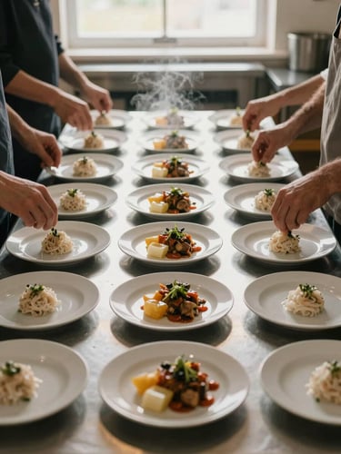 Close overhead view of a kitchen counter during active event preparation — multiple hands arranging identical plated portions in a row under bright window light, steam rising faintly from one plate, stainless steel surfaces reflecting warm ambient light, documentary framing with no faces visible